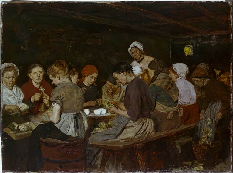 Arbeiterinnen sitzen eng um einen Tisch in der Konservenfabrik – Max Liebermann Die Konservenmacherinnen Kunstkopie