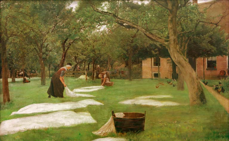 Rasenbleiche im Obstgarten, Frauen breiten weiße Tücher auf dem Gras aus – Max Liebermann Die Rasenbleiche Kunstkopie