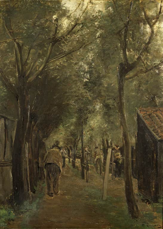 Baumallee mit Arbeitern auf dem Weg, rechts ein kleines Schuppendach – Max Liebermann Die Seilerbahn Kunstkopie