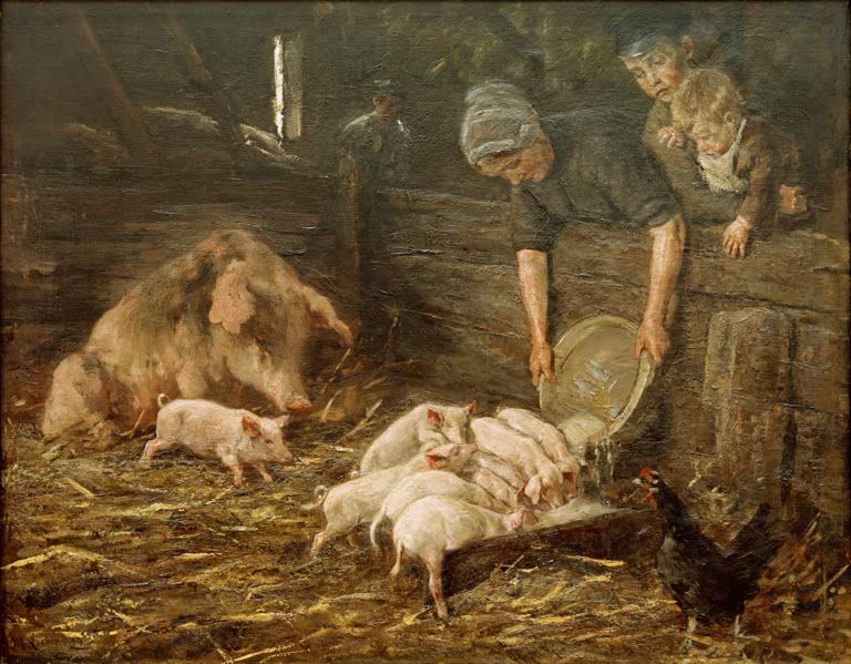 Bäuerin füttert Ferkel im Schweinestall, ein Kind schaut über die Wand – Max Liebermann Die Wochenstube Kunstkopie