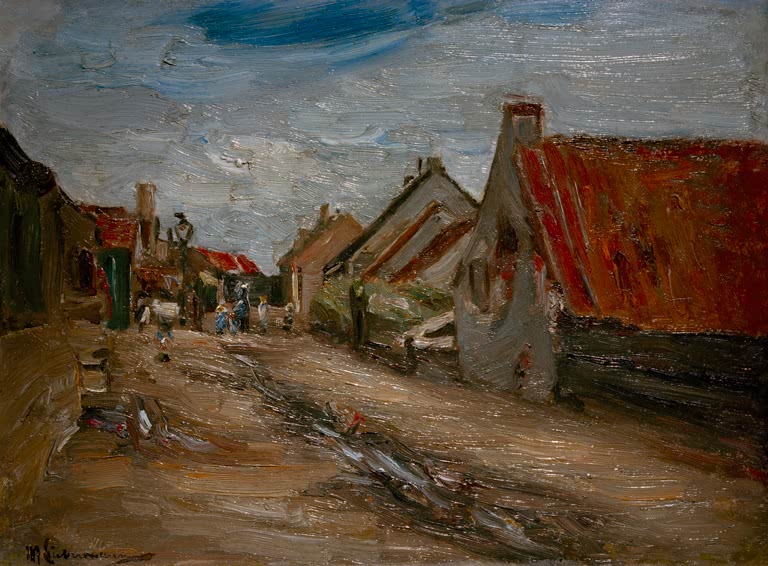 Holländische Dorfstraße mit roten Dächern unter bewölktem Himmel – Max Liebermann Dorfstraße in Holland Kunstkopie