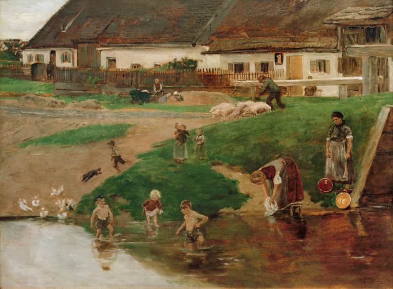 Dorfteich mit spielenden Kindern, Gänsen und Bauernhäusern – Max Liebermann Dorfteich in Etzenhausen Kunstkopie