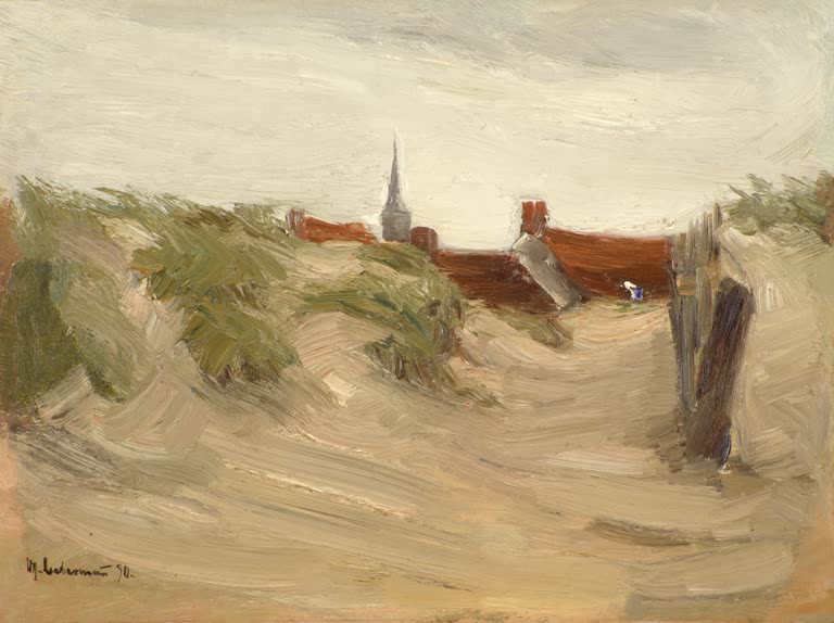 Dünenweg mit Gräsern und Blick auf rote Dächer und Kirchturm – Max Liebermann Dünen von Katwijk Kunstkopie