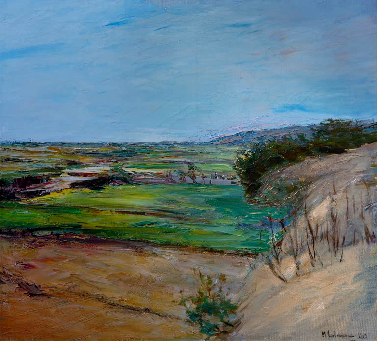 Dünenlandschaft mit grünem Tal, Sandhang und weitem blauem Himmel – Max Liebermann Dünenlandschaft Kunstkopie