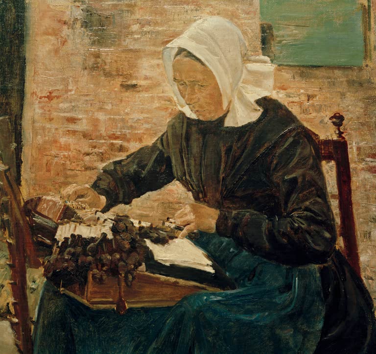 Klöpplerin mit weißer Haube vor Backsteinwand am Klöppelkissen – Max Liebermann Eine holländische Klöpplerin Kunstkopie