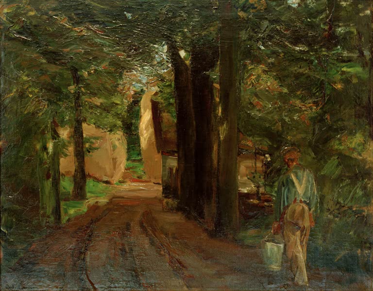 Mann mit Eimer geht durch eine schattige Baumallee auf ein Gehöft zu – Max Liebermann Eingang zum Gehöft Kunstkopie