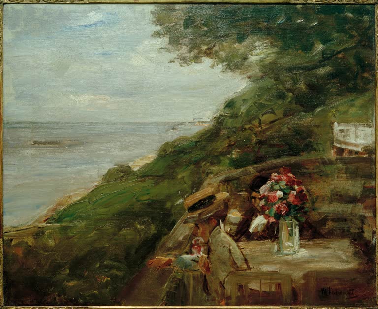 Terrasse an der Elbe mit gedecktem Tisch und Blumenstrauß über dem Wasser – Max Liebermann Elbblick Kunstkopie