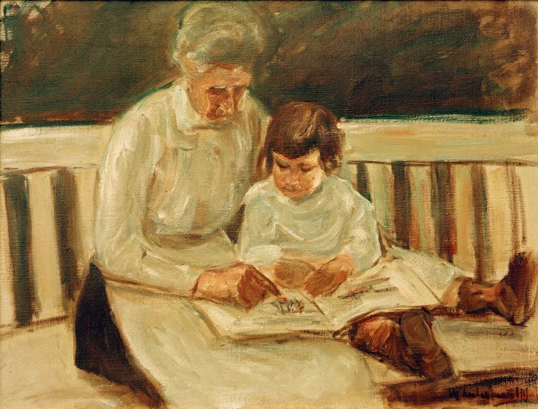 Max Liebermann Enkelin und Kinderfrau Kunstkopie, Frau und Mädchen beim gemeinsamen Betrachten eines Bilderbuchs