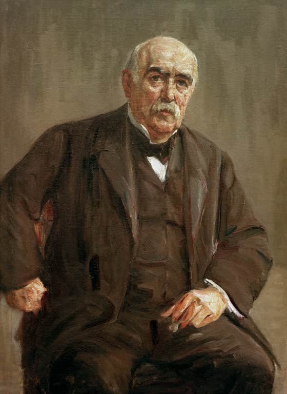 Älterer Herr mit Schnurrbart und Fliege sitzt in dunklem Anzug – Max Liebermann Eugen Gutmann Kunstkopie