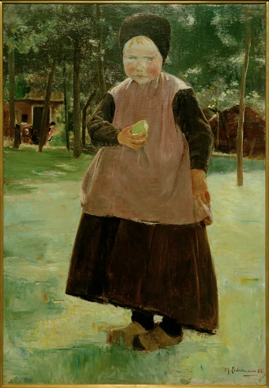 Mädchen in rosa Schürze mit Holzschuhen hält einen Apfel in der Hand – Max Liebermann Eva Kunstkopie