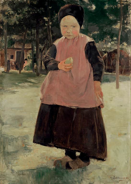 Holländisches Bauernmädchen mit rosa Schürze und Holzschuhen hält einen Apfel – Max Liebermann Eva Kunstkopie
