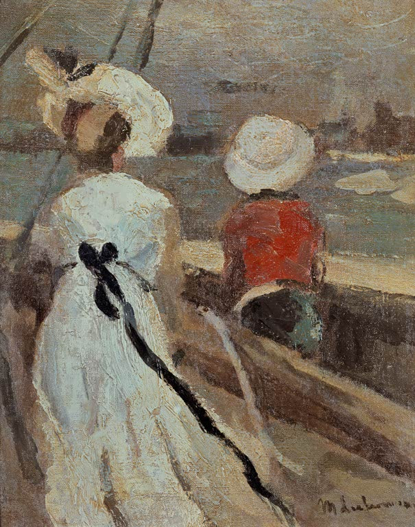 Frau in weißem Kleid mit Schleife und Kind mit Hut an der Reling – Max Liebermann Frau mit Kind im Segelboot Kunstkopie