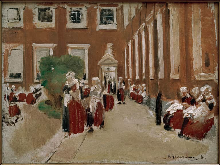 Innenhof mit Mädchen in roten und weißen Trachten – Max Liebermann Freistunde im Amsterdamer Waisenhaus Kunstkopie