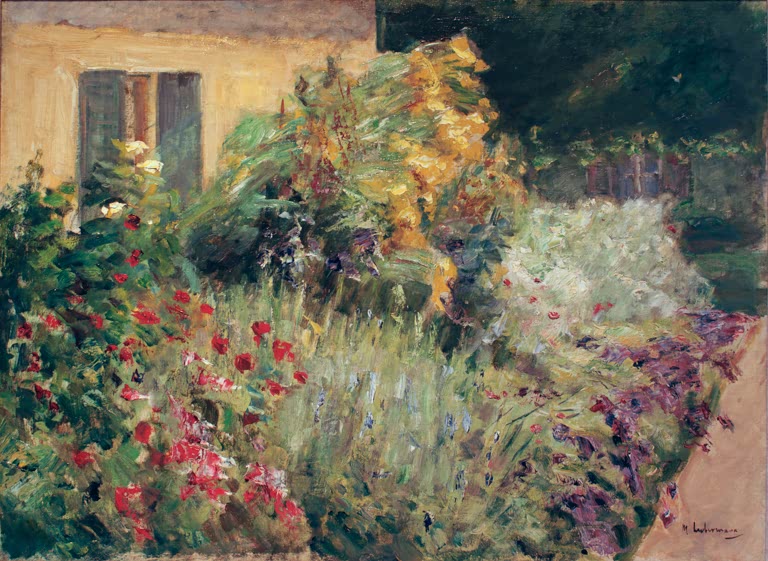 Üppige Blumenrabatte vor einem Gartenhaus mit Fensterläden – Max Liebermann Garten in Wannsee Kunstkopie