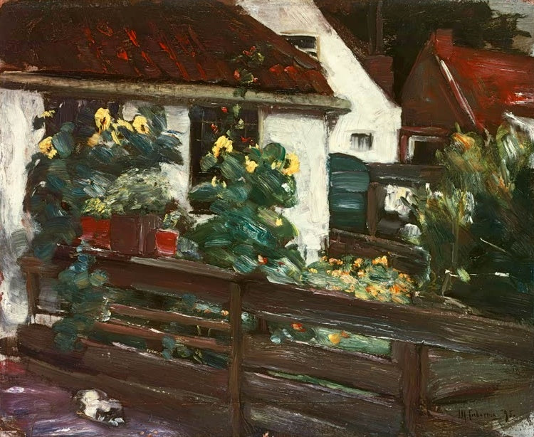 Max Liebermann Garten mit Sonnenblumen Kunstkopie, gelbe Sonnenblumen vor Bauernhaus mit rotem Ziegeldach