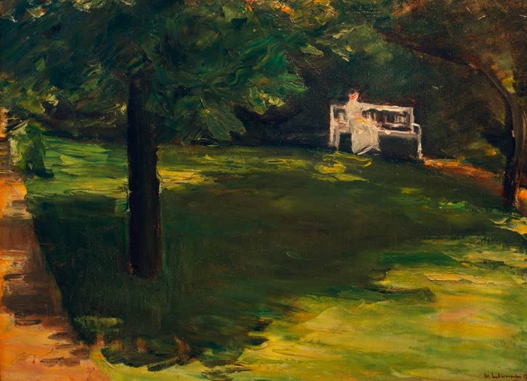 Gartenbank unter Kastanienbaum auf sonnigem Rasen – Max Liebermann Gartenbank unter dem Kastanienbaum Kunstkopie
