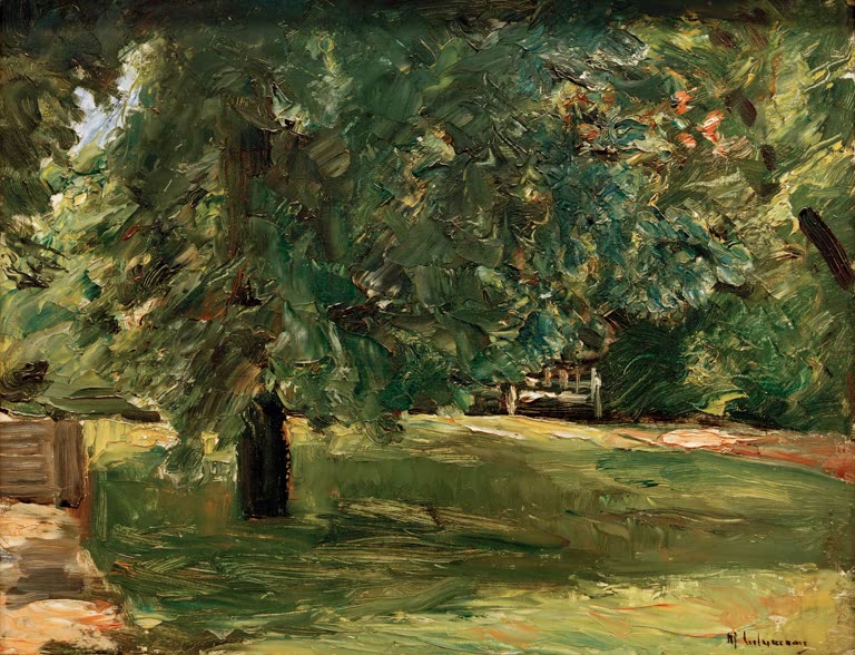 Kastanienbaum mit schattigem Rasen und Bank im Hintergrund – Max Liebermann Gartenbank unter dem Kastanienbaum Kunstkopie