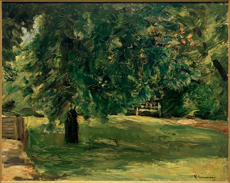 Gartenbank unter einer mächtigen Kastanie mit sonnigem Rasen – Max Liebermann Gartenbank unter dem Kastanienbaum Kunstkopie