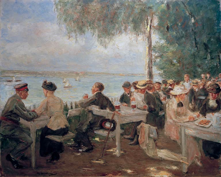 Gartenlokal am Wasser mit Gästen an gedeckten Tischen – Max Liebermann Gartenlokal an der Havel – Nikolskoe Kunstkopie