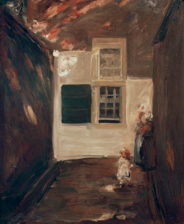 Schmale Gasse mit weißem Haus, Fenstern und kleinem Kind im Schatten – Max Liebermann Gasse in Leiden Kunstkopie