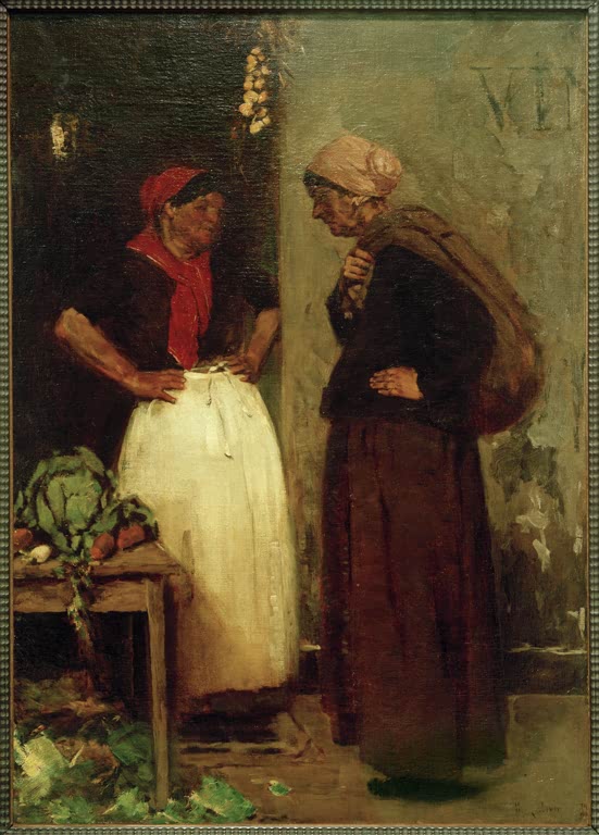 Gemüsehändlerin im Gespräch mit einer Frau mit Bündel vor einem Marktstand – Max Liebermann Gemüsehändlerin Kunstkopie