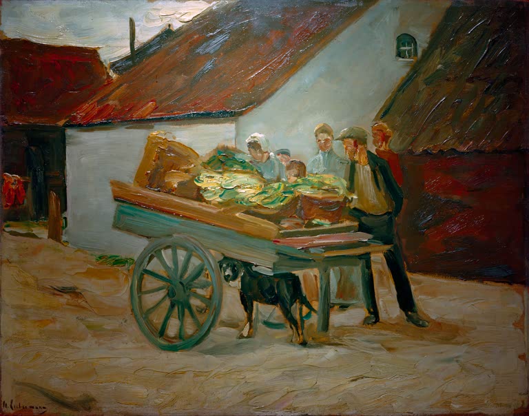 Hundekarren mit Gemüse vor weißem Hof, daneben Männer und Hund – Max Liebermann Gemüsekarren Hundekarren Kunstkopie