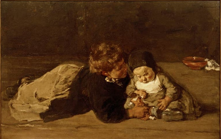Max Liebermann Geschwister Spielende Kinder Kunstkopie, Junge und kleine Schwester beim gemeinsamen Spiel auf dem Boden