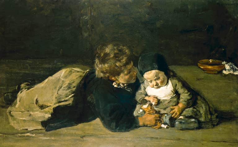 Zwei Geschwister liegen am Boden, das Kleinkind hält ein Spielzeug – Max Liebermann Geschwister Kunstkopie