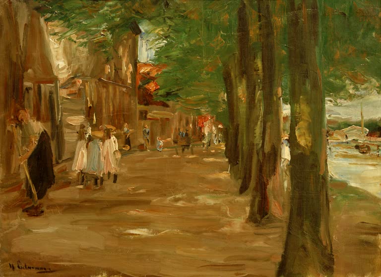 Schattige Baumallee an der Gracht mit spielenden Kindern und Häusern – Max Liebermann Gracht in Edam Kunstkopie