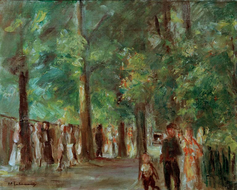 Allee mit Spaziergängern in hellen Kleidern unter hohen Bäumen – Max Liebermann Große Seestraße in Wannsee Kunstkopie