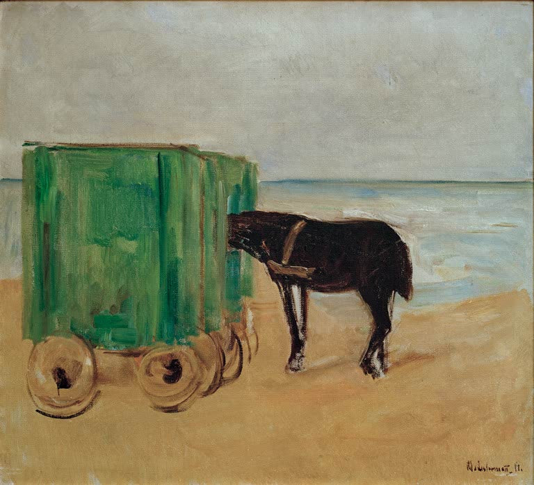 Grüner Badekarren mit dunklem Pferd am Strand vor ruhigem Meer – Max Liebermann Grüner Badekarren Kunstkopie