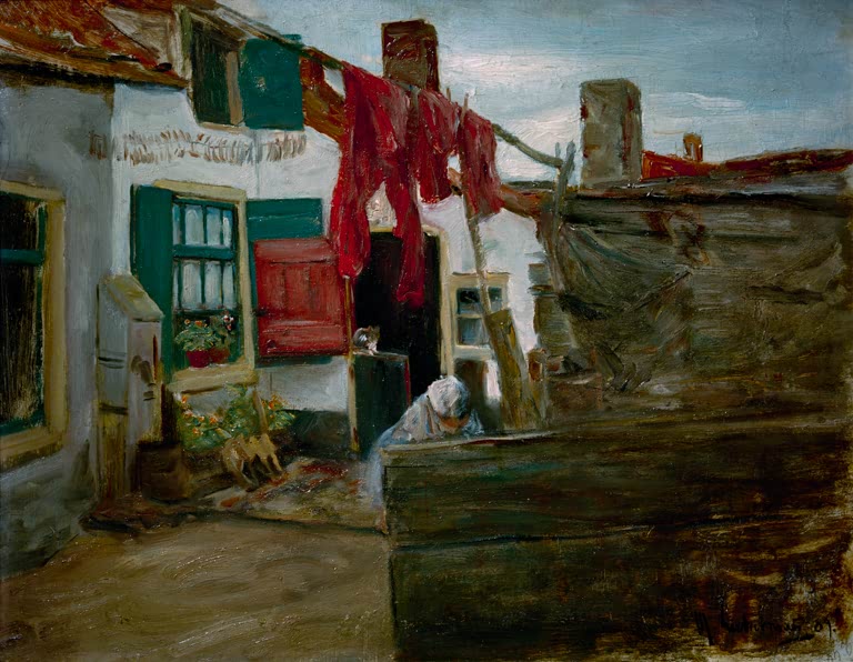 Weißes Bauernhaus mit grünen Fensterläden und roter Wäsche an der Leine – Max Liebermann Holländische Dorfecke Kunstkopie