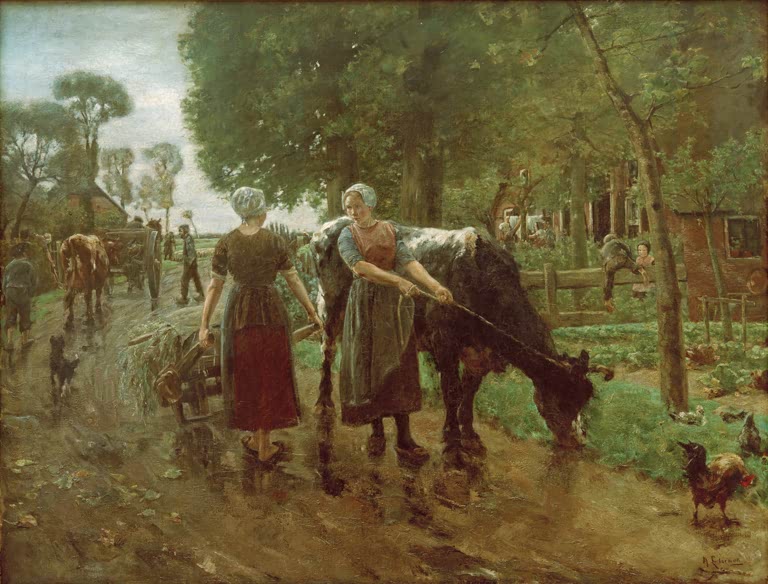 Zwei Bäuerinnen führen eine Kuh auf einer holländischen Dorfstraße – Max Liebermann Holländische Dorfstrasse Kunstkopie