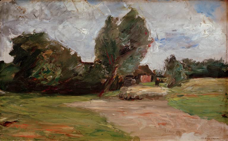 Feldweg zwischen Bäumen und Wiesen unter Wolkenhimmel – Max Liebermann Holländische Landschaft Kunstkopie