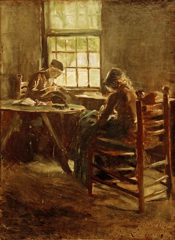Zwei Frauen nähen am Fenster einer Stube mit Binsenstühlen – Max Liebermann Holländisches Interieur Nähstube Kunstkopie