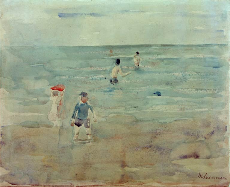 Aquarell mit badenden Kindern in flachen Wellen unter weitem Himmel – Max Liebermann Im Meer badende Knaben Kunstkopie