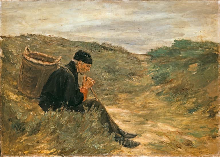 Max Liebermann In den Dünen Kunstkopie, alter Mann mit Kiepe und Pfeife rastend in grasbewachsenen Dünen