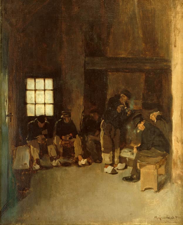 Sitzende Männer in einer dunklen Stube mit hell leuchtendem Fenster – Max Liebermann In der Lotsenstube Kunstkopie