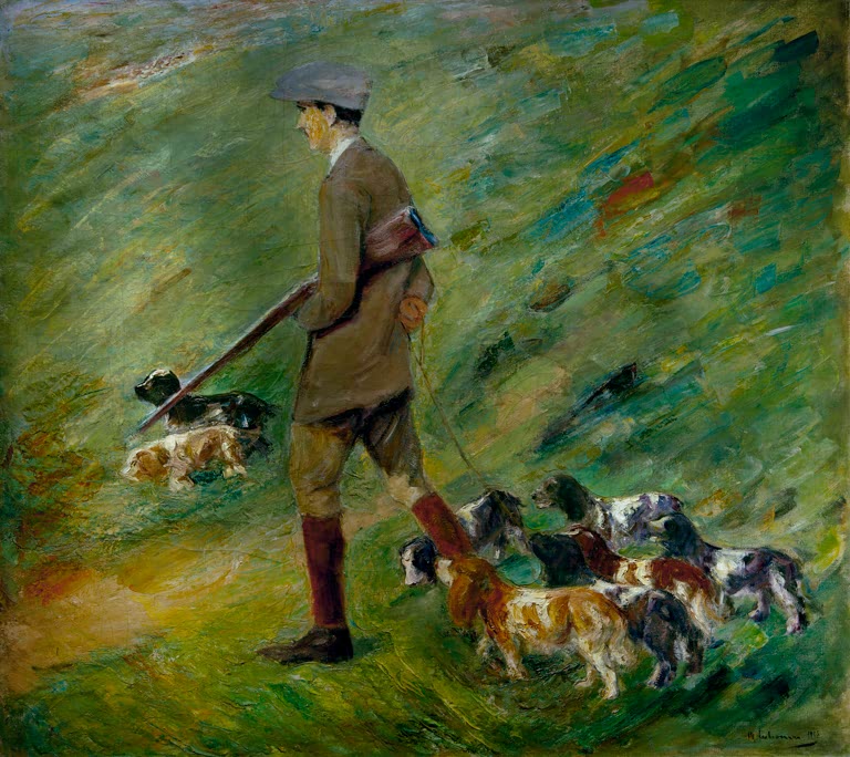 Jäger mit Gewehr und mehreren Hunden auf windbewegter Wiese in den Dünen – Max Liebermann Jäger in den Dünen Kunstkopie