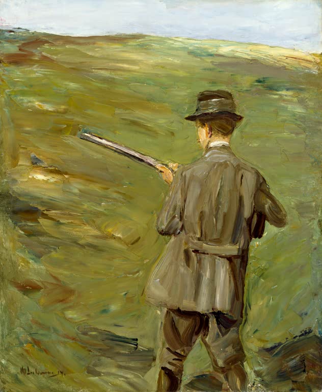 Jäger mit Hut und Gewehr von hinten auf einer grünen Dünenwiese – Max Liebermann Jäger in den Dünen Kunstkopie