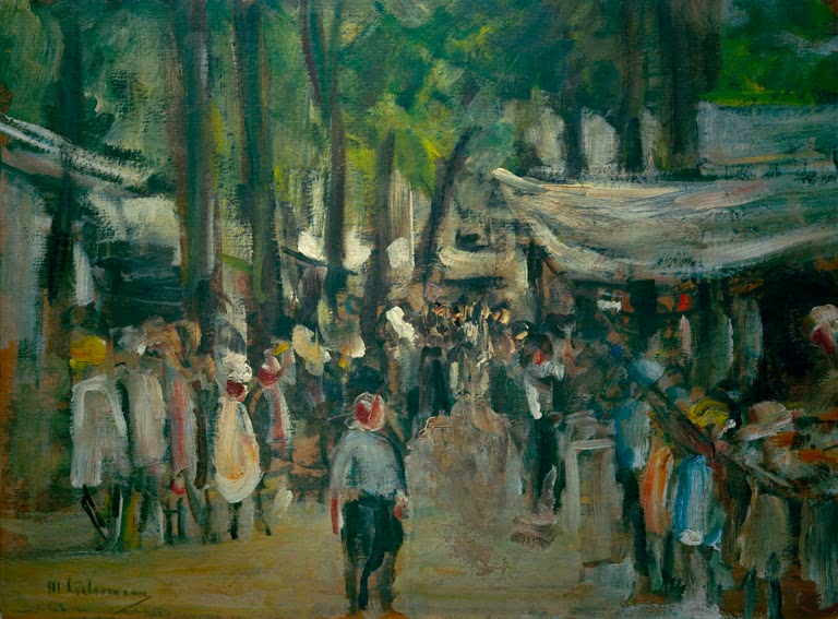 Jahrmarkt unter Bäumen mit Marktständen und dichtem Menschengedränge – Max Liebermann Jahrmarkt in Noordwijk Kunstkopie