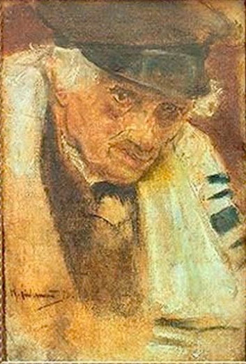 Älterer Mann mit Gebetsschal und Mütze, Kopf geneigt, Detail – Max Liebermann Jude im Gebetmantel Kunstkopie