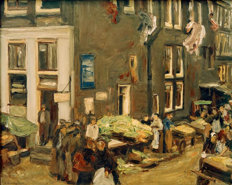 Belebte Marktgasse mit Händlern, Gemüsekarren und hohen Häusern – Max Liebermann Judengasse in Amsterdam Kunstkopie