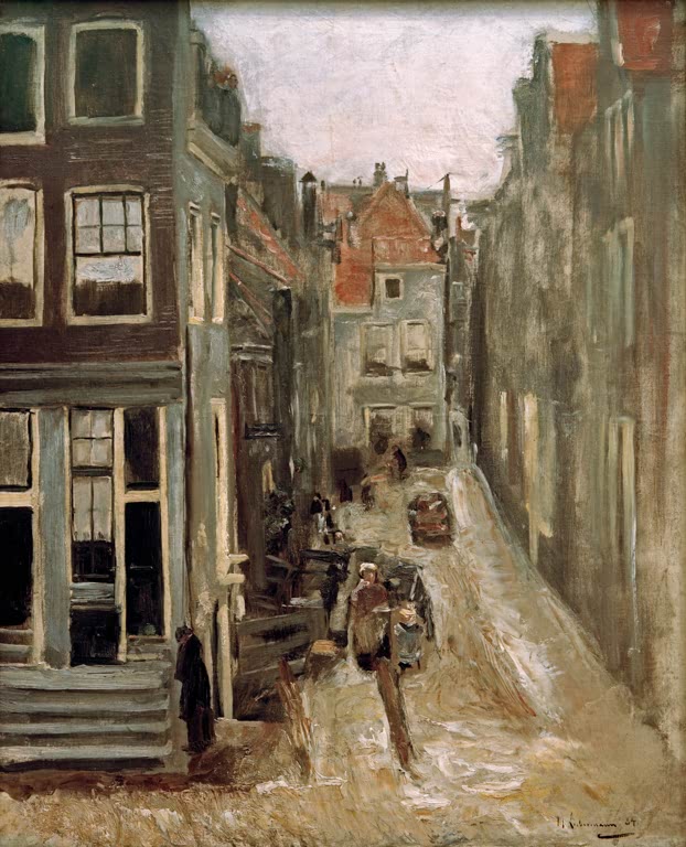 Schmale Amsterdamer Gasse mit hohen Backsteinhäusern und Passanten – Max Liebermann Judengasse in Amsterdam Kunstkopie