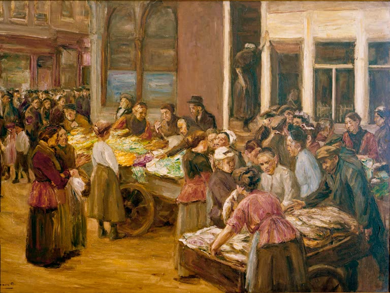Gedrängtes Marktgetümmel mit Händlern und Käufern vor Backsteinhäusern – Max Liebermann Judengasse in Amsterdam Kunstkopie