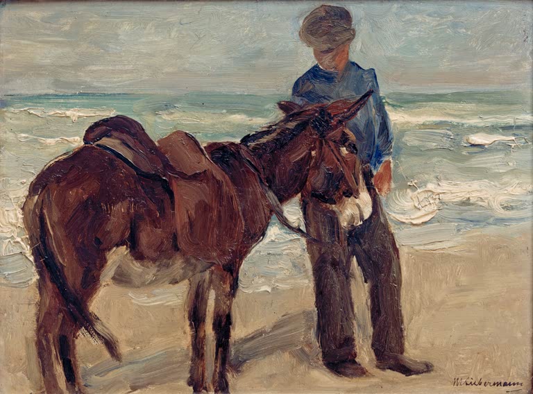 Junge in blauer Jacke steht am Strand neben einem gesattelten Esel – Max Liebermann Junge mit Reitesel am Strand Kunstkopie