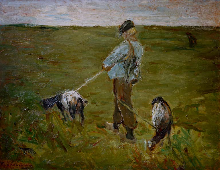 Junge in heller Jacke führt zwei Ziegen an Leinen über eine Wiese – Max Liebermann Junge mit Ziegen Kunstkopie