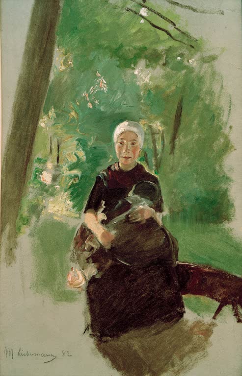Ältere Frau mit weißer Haube sitzt strickend im Grünen neben einem Kind – Max Liebermann Junge Mutter unter Bäumen Kunstkopie