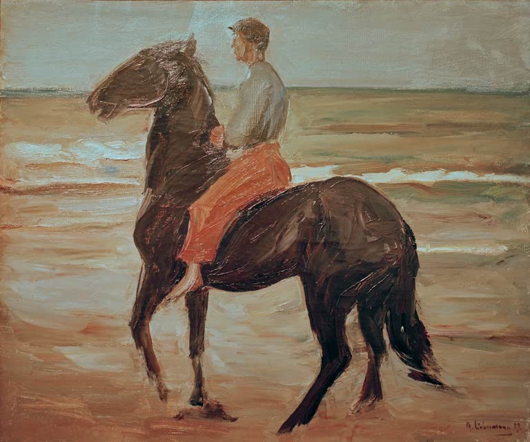 Junger Reiter auf braunem Pferd am Strand – Max Liebermann Junger Reiter – Pferdeknecht am Strand Kunstkopie