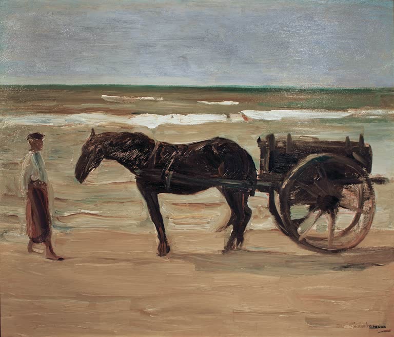 Pferd mit Karren und Mann am weiten Strand unter grauem Himmel – Max Liebermann Karren des Badewärters am Strand Kunstkopie